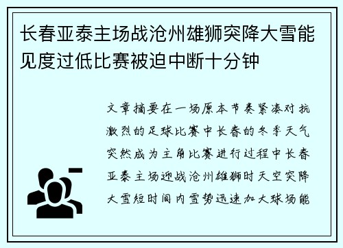 长春亚泰主场战沧州雄狮突降大雪能见度过低比赛被迫中断十分钟 长春亚泰主场战沧州雄狮突降大雪能见度过低比赛被迫中断十分钟